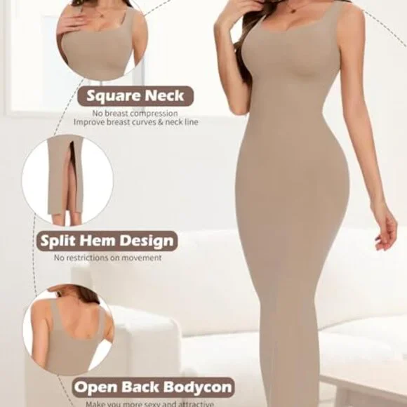 Elegant Slip Dress Tummy Control Shapewear Long Slip Back Slit Minimal Chic